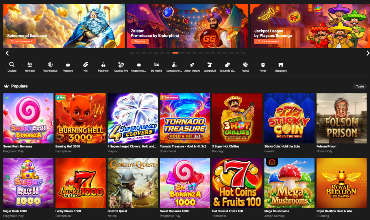 GG bet casino lobby cu promo?ii ?i sloturi populare