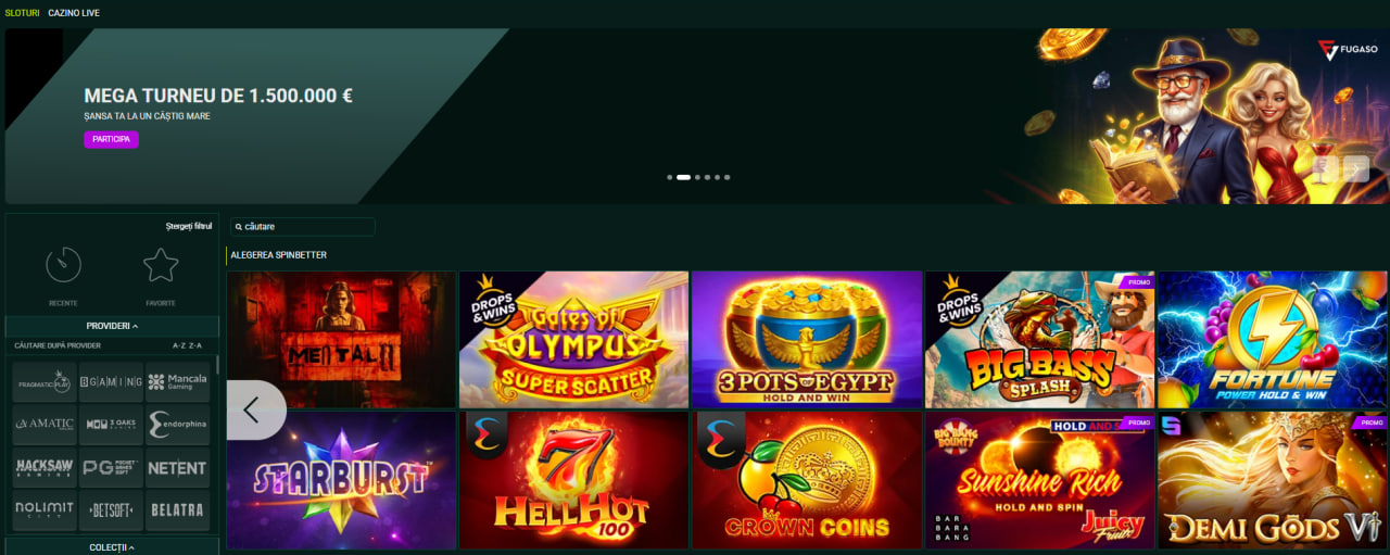 SpinBetter casino lobby cu selec?ie de sloturi ?i furnizori
